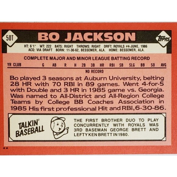 BO JACKSON ROOKIE 1986 TOPPS TRADED #50T, KC ROYALS, TWO-SPORT STAR! - Picture 2 of 3